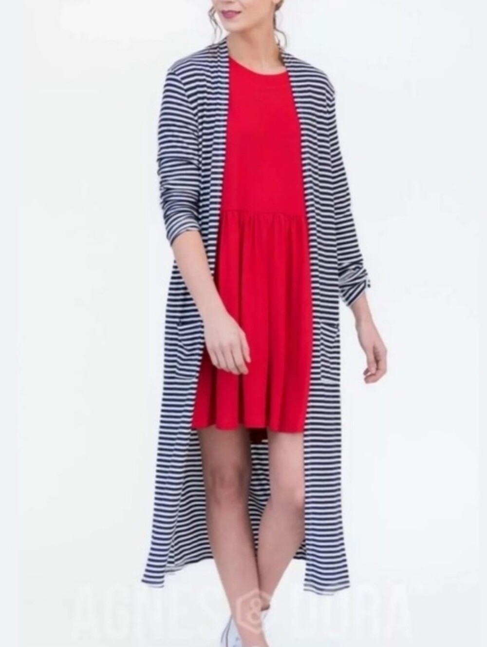 Agnes & Dora Navy Blue White Striped Ribbed Coastal Preppy Duster Cardigan S